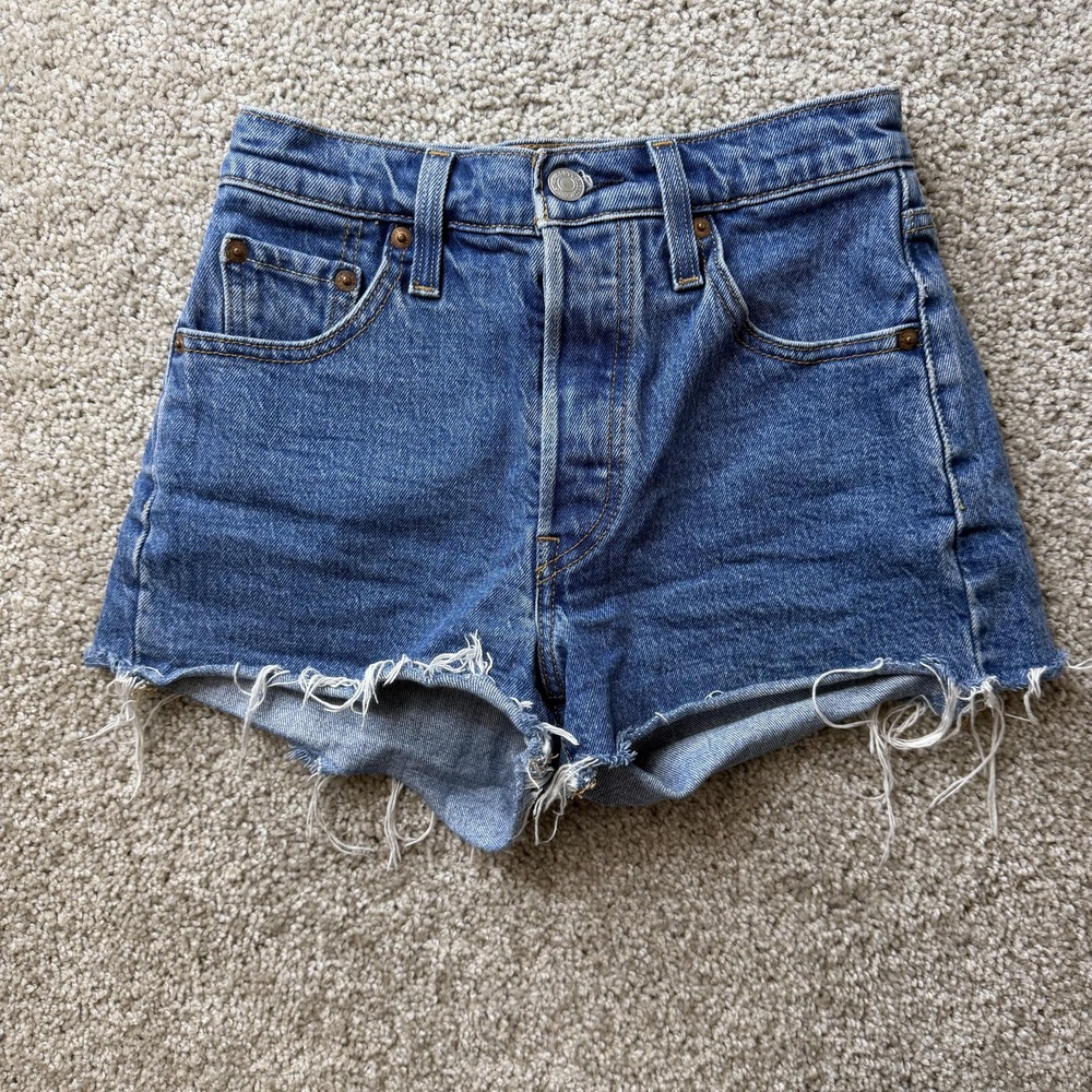 Levi's 501 Denim Shorts Womens 24W Blue Cutoff Frayed Stretch Casual Summer